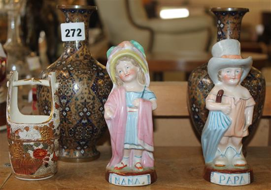 Pr bisque figures , pair cloisonne vases, etc